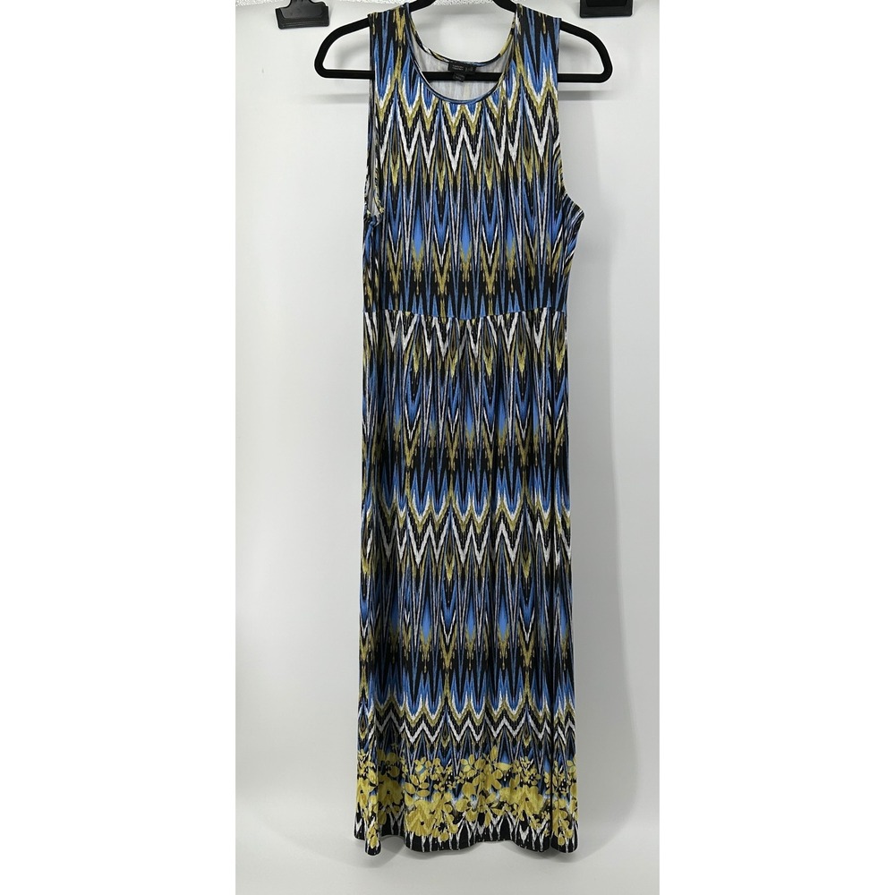 J.Jill Wearever Blue Yellow Ikat Chevron Floral Maxi Tank Dress Petite L Resort